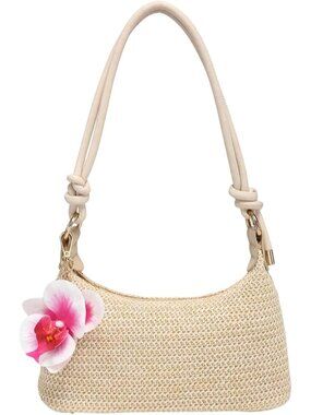 Women's Apricot Floral Straw Woven Shoulder Bag Tote Handbag Summer Beach Purse